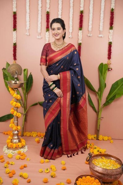 Classic Blue Silk Saree with Dual Tone Finish and Rich Zari Detailing South Indian Saree 