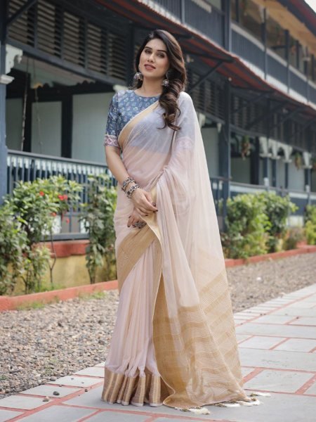 Classic cream white chiffon saree with a contrast blouse piece and a rich golden zari border Pure Chiffon Sarees Wholesale