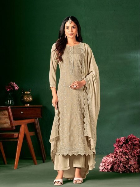 Beige Classic Glow Chinon Suit with Swarovski Touch Ideal for Day Events Salwar Kameez