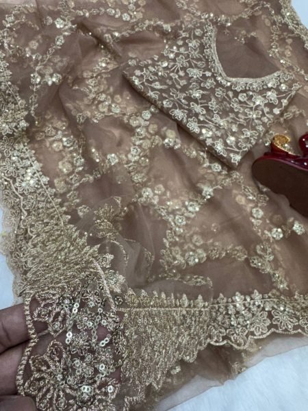 Classic Golden Soft Net Saree with Rich Work for Traditional and Modern Wear Bollywood Fancy Sarees Wholesale