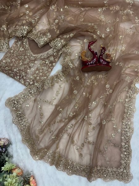 Classic Golden Soft Net Saree with Rich Work for Traditional and Modern Wear Bollywood Fancy Sarees Wholesale