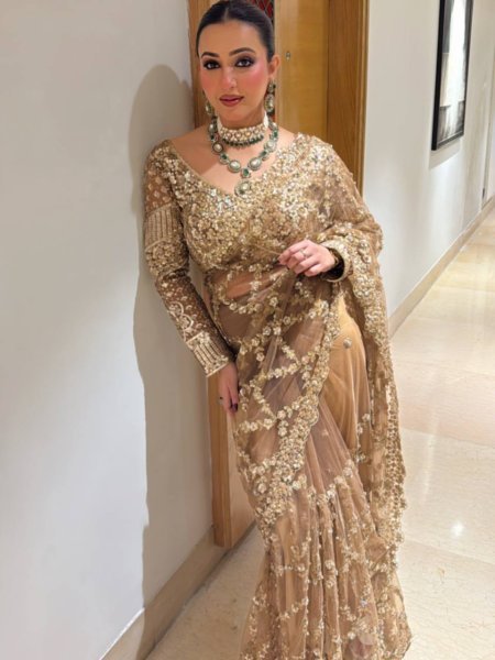 Classic Golden Soft Net Saree with Rich Work for Traditional and Modern Wear Bollywood Fancy Sarees Wholesale