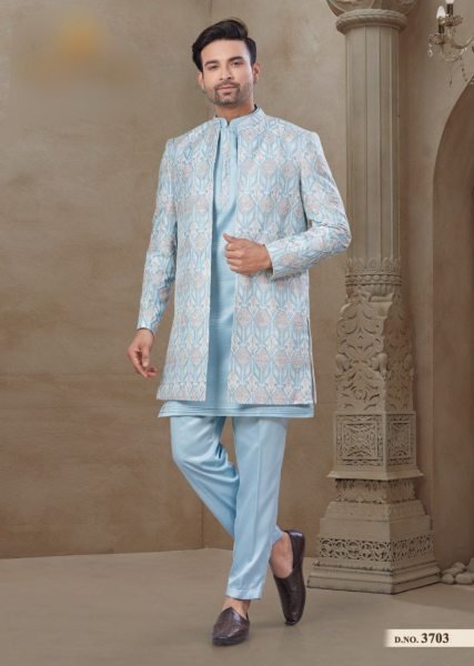 Classic Malai Silk Kurta Pajama Set with Heavy Jacket Elegant Ethnic Collection for Wedding Season Kurta Pajama Wholesale