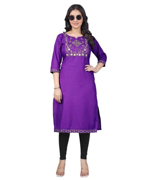 Classic Purple Cotton Embroidered Kurti Top for Casual and Office Wear Embroidery Kurtis 
