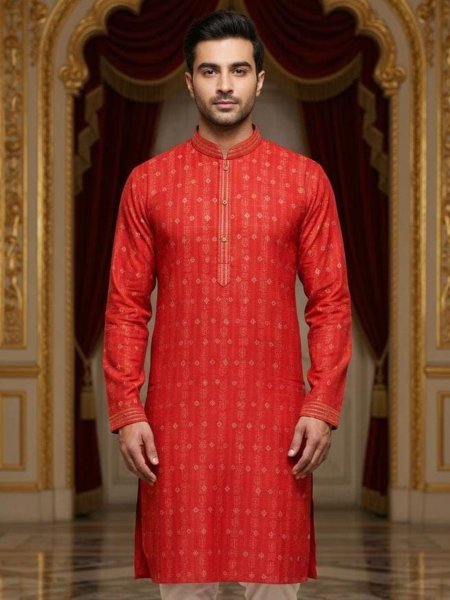 Classic Red And Golden Woven Design Jacquard Straight Kurta for Men 