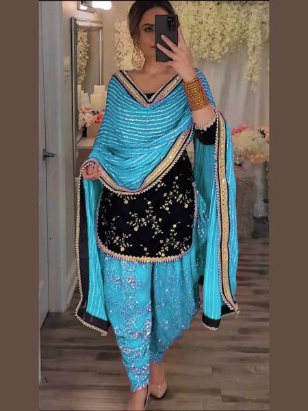 Classic Velvet 5mm Sequence Embroidered Top with Faux Georgette Dhoti Salwar   Lace Dupatta Perfect for Party Wear Kurtis