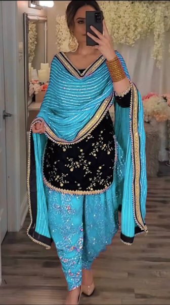 Classic Velvet 5mm Sequence Embroidered Top with Faux Georgette Dhoti Salwar   Lace Dupatta Perfect for Party Wear 3 Piece Kurti Set