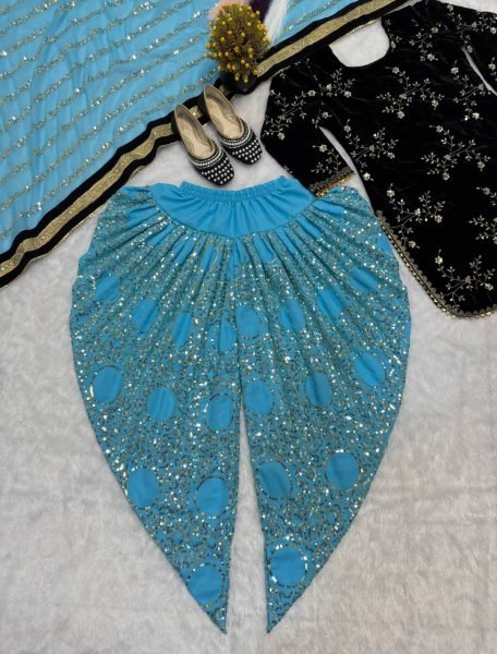 Classic Velvet 5mm Sequence Embroidered Top with Faux Georgette Dhoti Salwar   Lace Dupatta Perfect for Party Wear 3 Piece Kurti Set