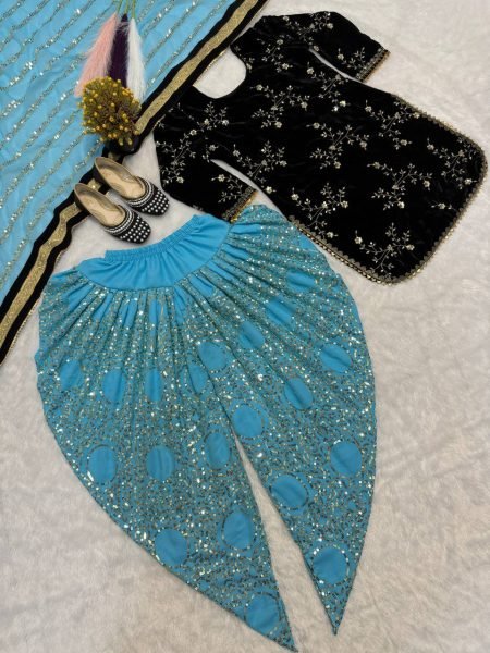 Classic Velvet 5mm Sequence Embroidered Top with Faux Georgette Dhoti Salwar   Lace Dupatta Perfect for Party Wear 3 Piece Kurti Set