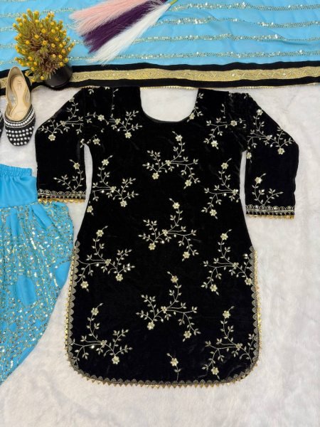 Classic Velvet 5mm Sequence Embroidered Top with Faux Georgette Dhoti Salwar   Lace Dupatta Perfect for Party Wear 3 Piece Kurti Set