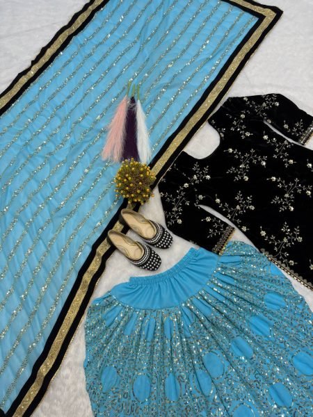 Classic Velvet 5mm Sequence Embroidered Top with Faux Georgette Dhoti Salwar   Lace Dupatta Perfect for Party Wear 3 Piece Kurti Set