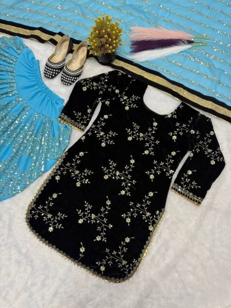 Classic Velvet 5mm Sequence Embroidered Top with Faux Georgette Dhoti Salwar   Lace Dupatta Perfect for Party Wear 3 Piece Kurti Set