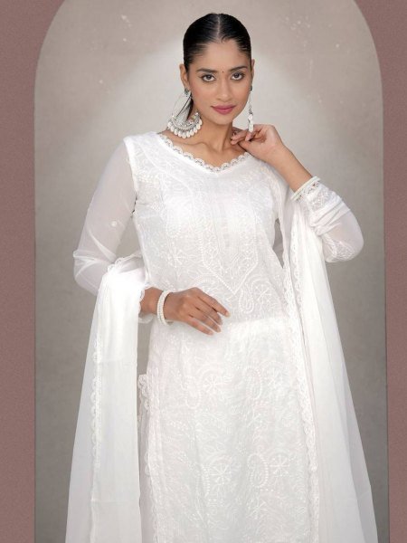 Classic White Chikankari Embroidery Kurti in Fox Georgette Dupatta Best Offer Now 