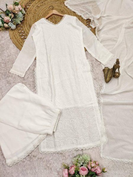 Classic White Chikankari Embroidery Kurti in Fox Georgette Dupatta Best Offer Now Lucknowi Chikankari Kurtis Wholesale
