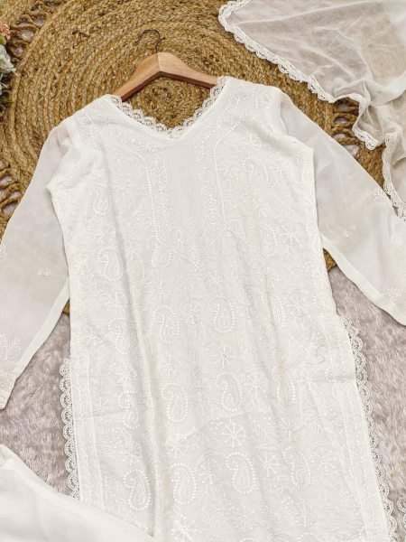 Classic White Chikankari Embroidery Kurti in Fox Georgette Dupatta Best Offer Now Lucknowi Chikankari Kurtis Wholesale