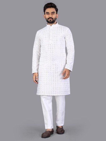Classic White Chikankari Kurta With Pajama for Men Daily Wear Kurta Pajama Wholesale