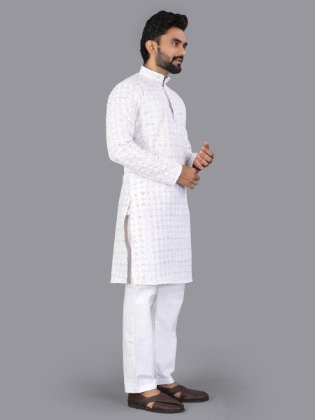 Classic White Chikankari Kurta With Pajama for Men Daily Wear Kurta Pajama Wholesale