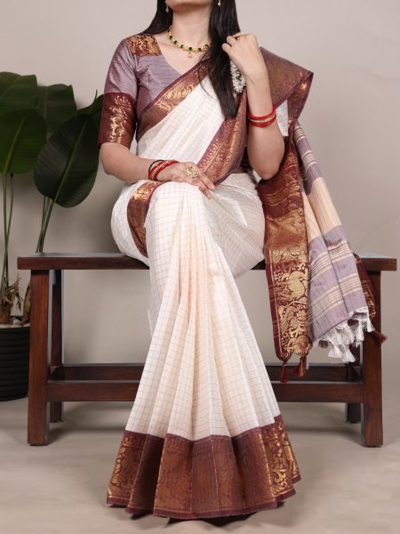 Classic White Poly Cotton Chex Saree with Brown Zari Border Elegant Export Wear