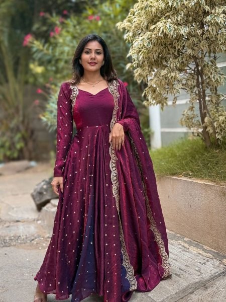 Classic Wine Silk Gown with Sequin Work & Dupatta Ready to Wear Kurtis