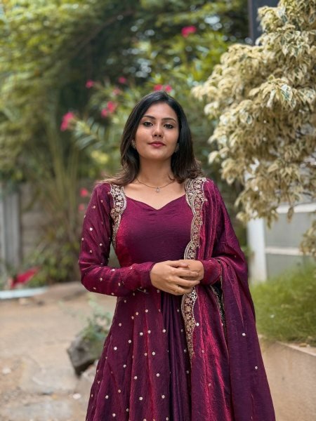 Classic Wine Silk Gown with Sequin Work & Dupatta Ready to Wear Anarkali Kurtis 