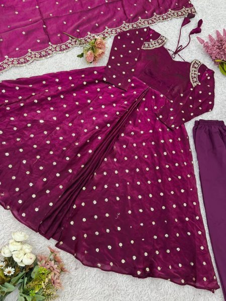 Classic Wine Silk Gown with Sequin Work & Dupatta Ready to Wear Anarkali Kurtis 