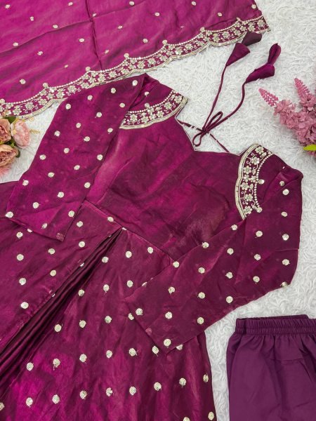 Classic Wine Silk Gown with Sequin Work & Dupatta Ready to Wear Anarkali Kurtis 