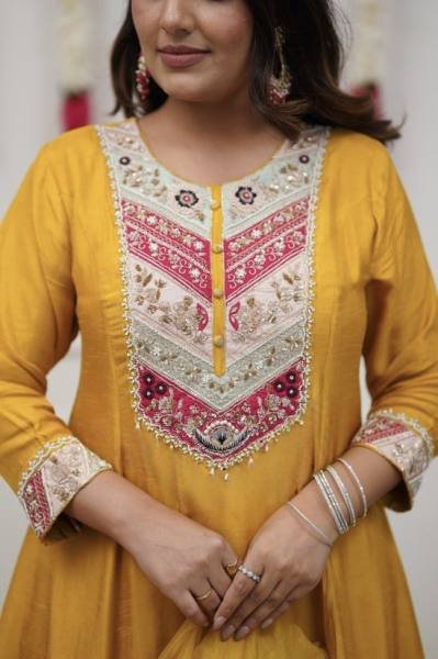 Classic Yellow Color Chanderi Kurti Pant Dupatta at Manufacturer Rate Anarkali Kurtis 