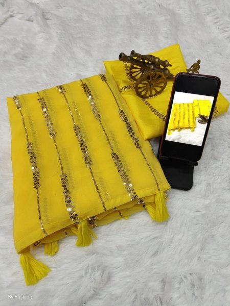 Classic Yellow Color Georgette Saree With Sequence Work  Georgette Sarees Wholesale