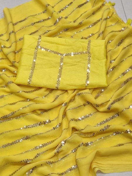 Classic Yellow Color Georgette Saree With Sequence Work  Georgette Sarees Wholesale