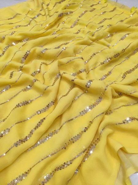 Classic Yellow Color Georgette Saree With Sequence Work  Georgette Sarees Wholesale