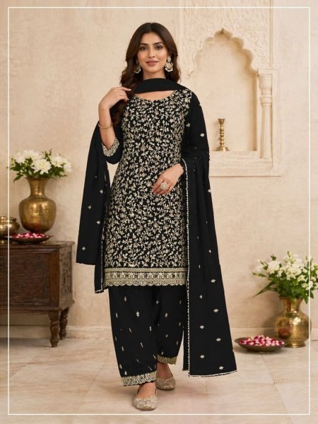 Classy Black Blooming Georgette Dress Material with Heavy Santoon Inner 
