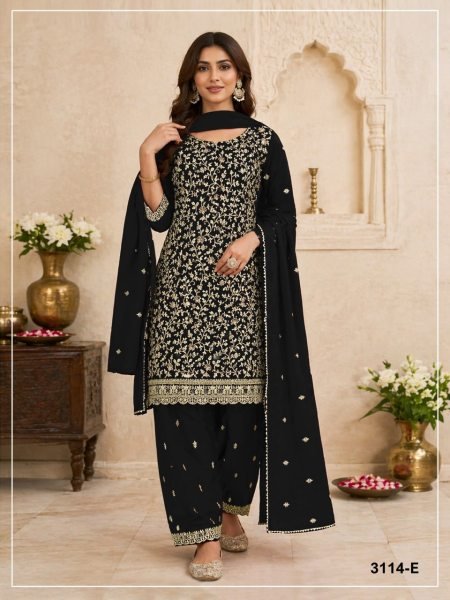 Classy Black Blooming Georgette Dress Material with Heavy Santoon Inner Churidar Salwar Suits Wholesale