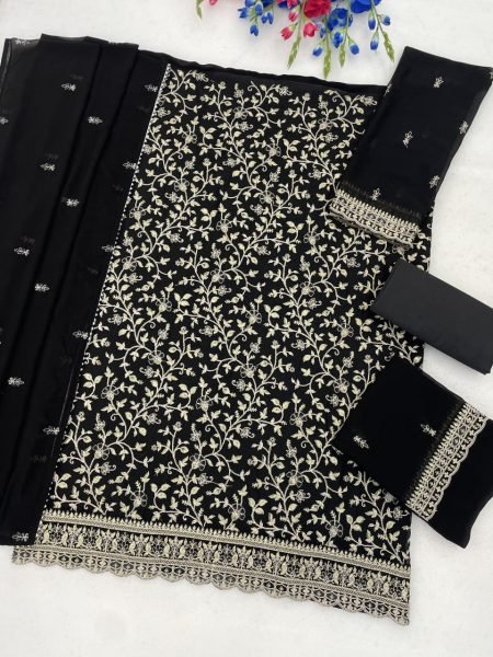 Classy Black Blooming Georgette Dress Material with Heavy Santoon Inner Churidar Salwar Suits Wholesale