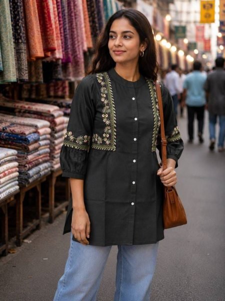 Classy Black Ethnic Wear Cotton Kurti with Embroidery Work For Office Wear Tunics kurti