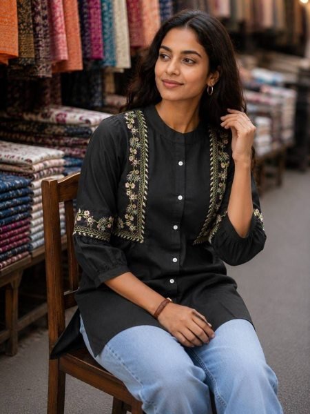 Classy Black Ethnic Wear Cotton Kurti with Embroidery Work For Office Wear Tunics kurti