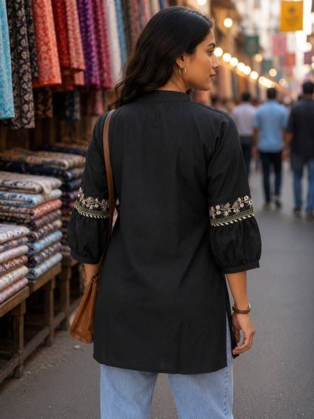 Classy Black Ethnic Wear Cotton Kurti with Embroidery Work For Office Wear Tunics kurti
