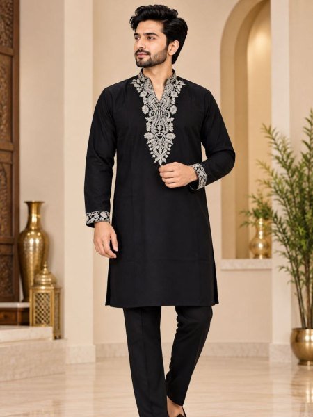 Classy Black Festive Wear Lachka Kurta Pant Set with Heavy Embroidery  