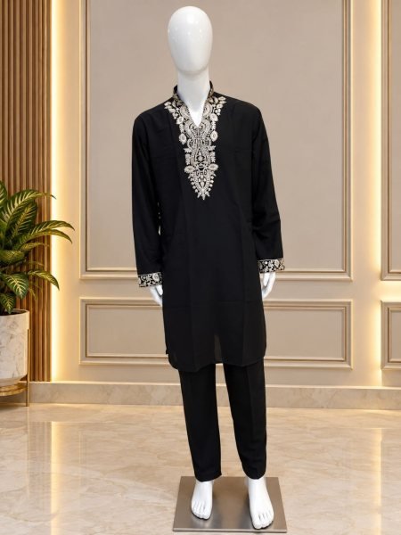 Classy Black Festive Wear Lachka Kurta Pant Set with Heavy Embroidery  Kurta Pajama Wholesale