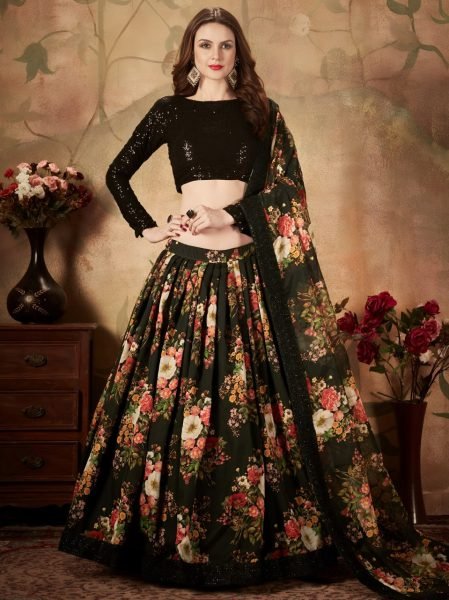 Classy Black Floral Organza Lehenga with Sequins Blouse for Party Wear Designer Lehenga Choli