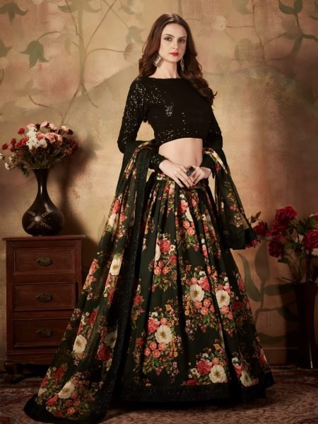 Classy Black Floral Organza Lehenga with Sequins Blouse for Party Wear Designer Lehenga Choli