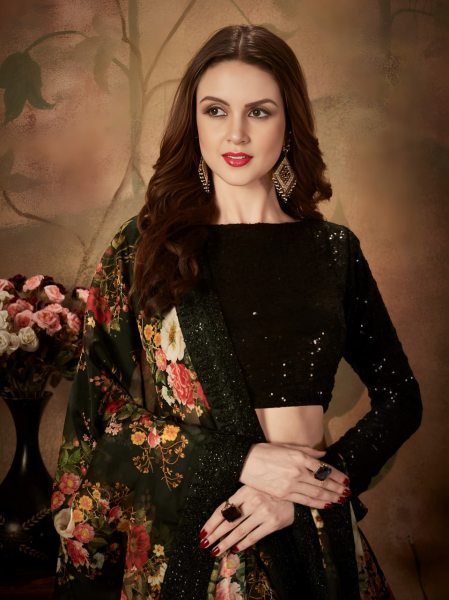 Classy Black Floral Organza Lehenga with Sequins Blouse for Party Wear Designer Lehenga Choli
