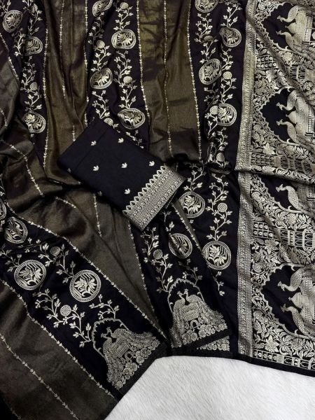 Classy Black Rich Crepe Khadi Cotton Silk Saree with Golden Zari Pallu For Events