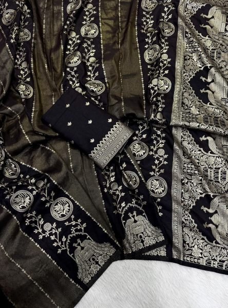 Classy Black Rich Crepe Khadi Cotton Silk Saree with Golden Zari Pallu For Events Printed Cotton Sarees Wholesale