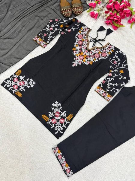 Classy Black Roman Silk Farshi Salwar Suit Set Using Embroidery Work In Kurta for Women Ready To Wear Collection