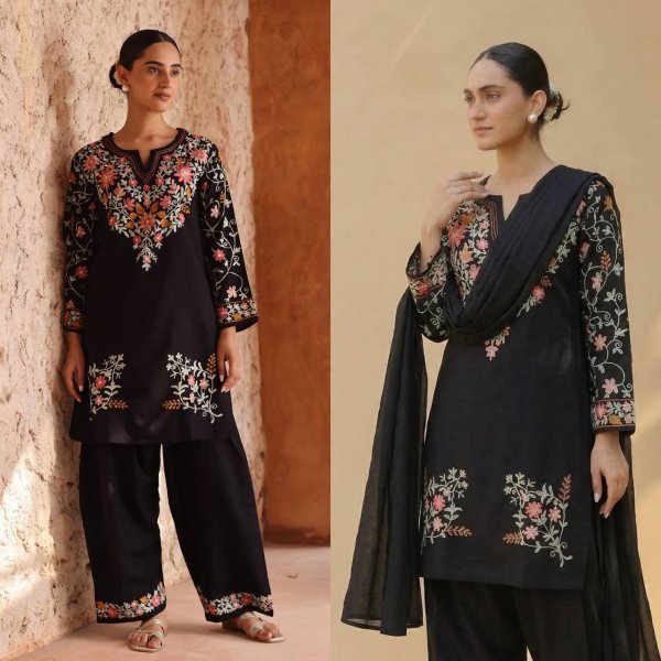 Classy Black Roman Silk Farshi Salwar Suit Set Using Embroidery Work In Kurta for Women Ready To Wear Collection