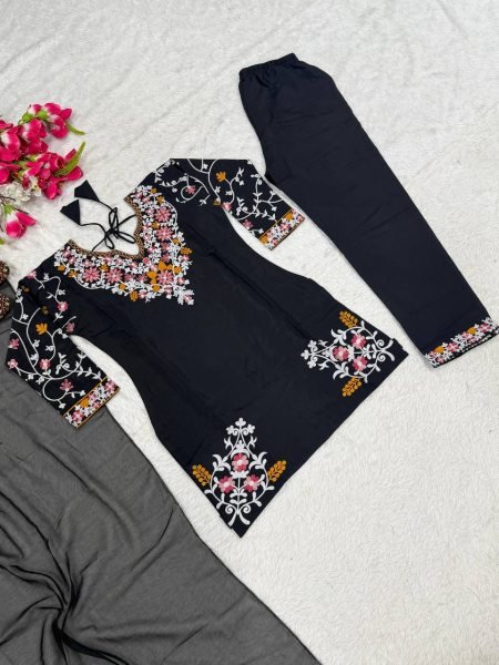 Classy Black Roman Silk Farshi Salwar Suit Set Using Embroidery Work In Kurta for Women Ready To Wear Collection