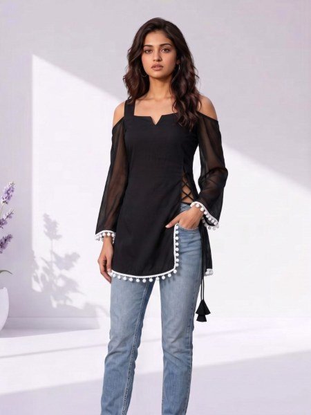 Classy Black Soft Georgette Straight Cut Short Kurti with Pompom Border for Casual Wear 