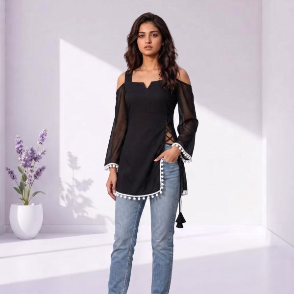 Classy Black Soft Georgette Straight Cut Short Kurti with Pompom Border for Casual Wear Full Set Kurti