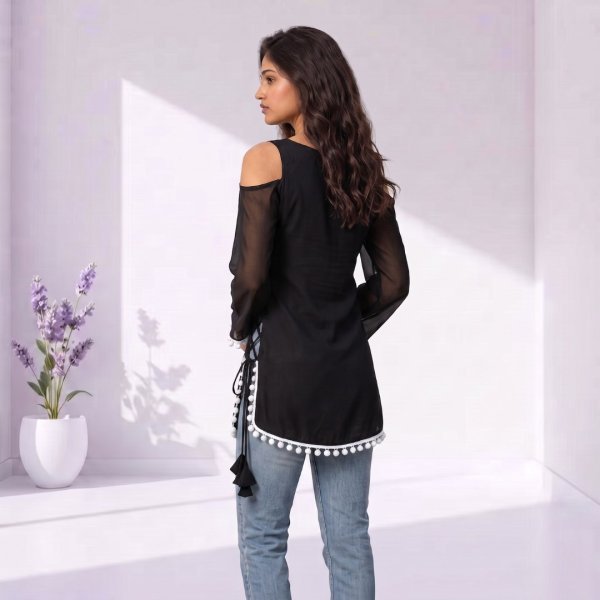 Classy Black Soft Georgette Straight Cut Short Kurti with Pompom Border for Casual Wear Full Set Kurti