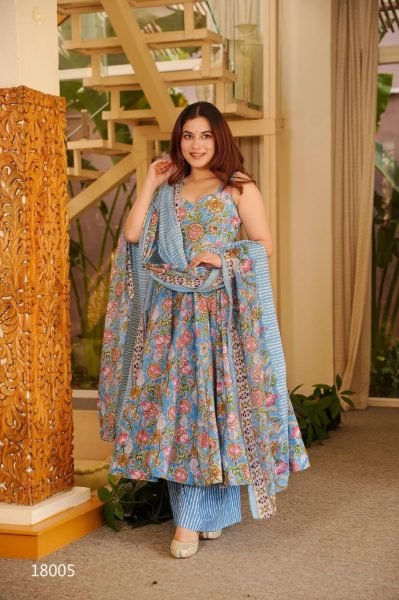 Classy Blue Best Selling Muslin Silk Printed Suit at Manufacturer Rate for Resellers Anarkali Kurtis 